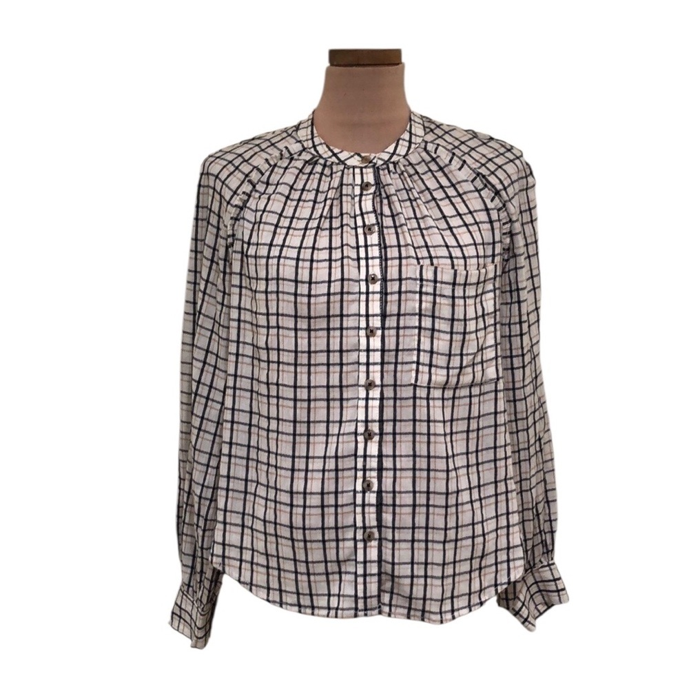 Anthropologie Pilcro Shirt Size Medium Ecru Cream Plaid Ruffle Button Down